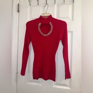 Size small red diamond gem bedazzled cutout neckline ribbed long sleeve sweater